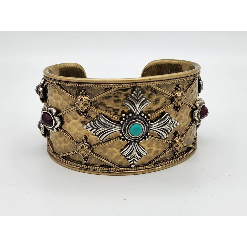 Antique-Style Lucky Brand Bronze Cuff Bracelet With Turquoise & Garnet Accents